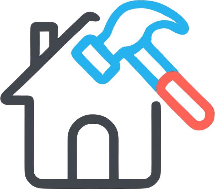 Generate _Single minimal vector line icon of a house with renovation hammer, rounded geometric strokes, using bright cyan #2bc0f0, coral orange #ed6845, and dark gray #4f5354 colors, transparent background, no text, clean pro