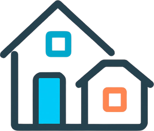 Generate _Single minimal vector line icon of a main house with a smaller ADU accessory dwelling unit attached or beside it, rounded geometric strokes, using bright cyan #2bc0f0, coral orange #ed6845, and dark gray #4f5354 col-1-1-1