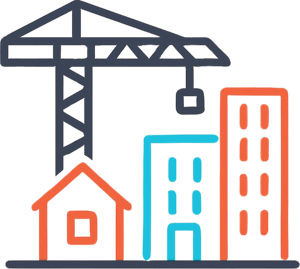 Generate _Single minimal vector line icon of a new development with multiple houses or buildings being built, rounded geometric strokes, using bright cyan #2bc0f0, coral orange #ed6845, and dark gray #4f5354 colors, transpare-2-1-1