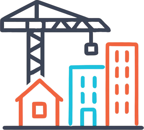 Generate _Single minimal vector line icon of a new development with multiple houses or buildings being built, rounded geometric strokes, using bright cyan #2bc0f0, coral orange #ed6845, and dark gray #4f5354 colors, transpare-2-1-1