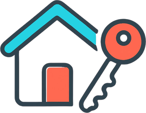Generate _Single minimal vector line icon of a rental property house with a key, rounded geometric strokes, using bright cyan #2bc0f0, coral orange #ed6845, and dark gray #4f5354 colors, transparent background, no text, clean-2-1-1