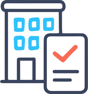 Generate _Single minimal vector line icon of an apartment building with checkmark or document for permanent financing, rounded geometric strokes, using bright cyan #2bc0f0, coral orange #ed6845, and dark gray #4f5354 colors, -1