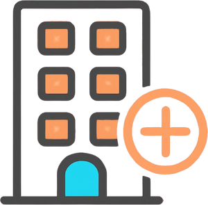 Generate _Single minimal vector line icon of an apartment building with upward arrow or plus sign for value add, rounded geometric strokes, using bright cyan #2bc0f0, coral orange #ed6845, and dark gray #4f5354 colors, transp-1-1