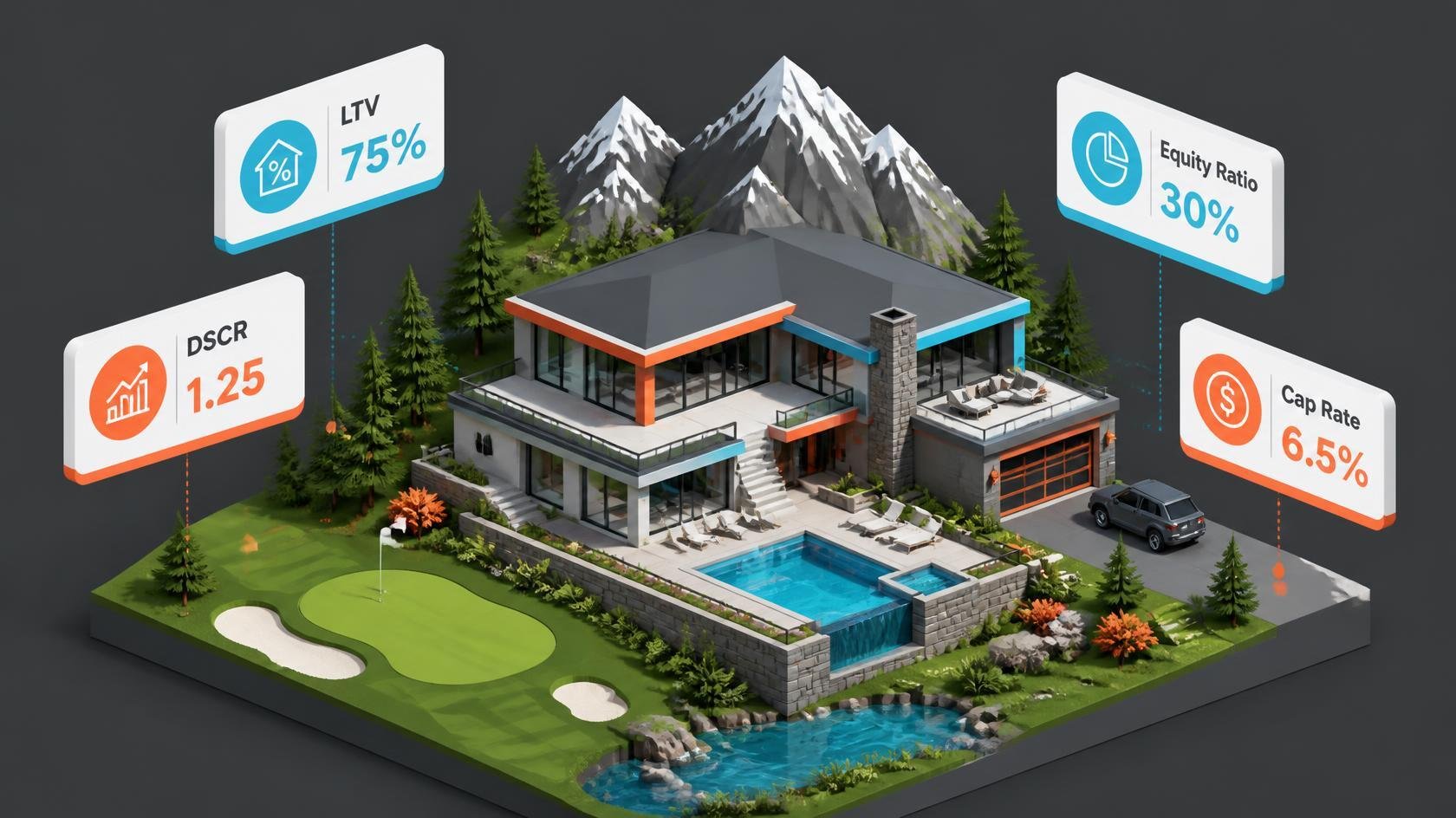 Pure isometric 3D illustration of modern mountain house or golf course property with scenic landscape elements, floating data cards showing real estate metrics_ LTV 75_, DSCR 1.25, Equity Ratio 30_, Cap Rate 6.5_, dark gray #-1